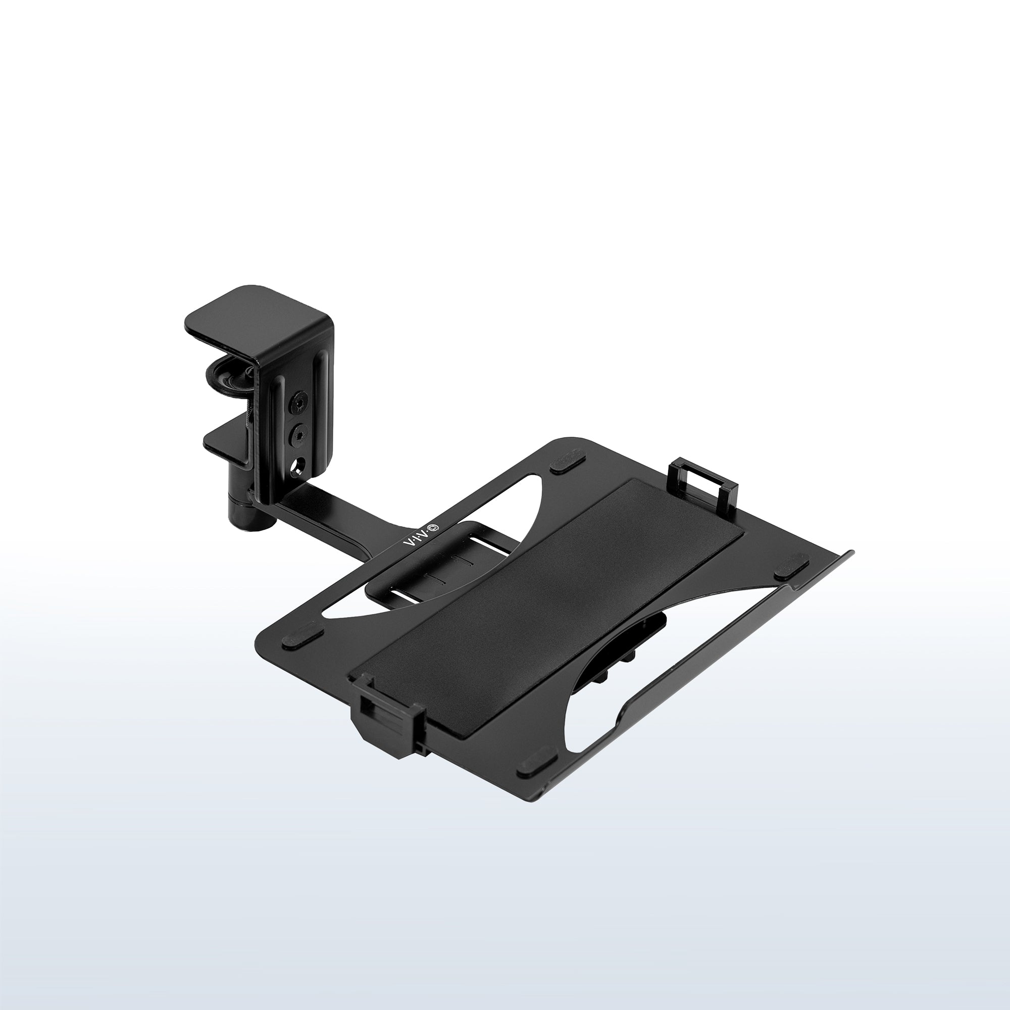 Black Single Clamp Rotating Laptop Tray for home or office use.