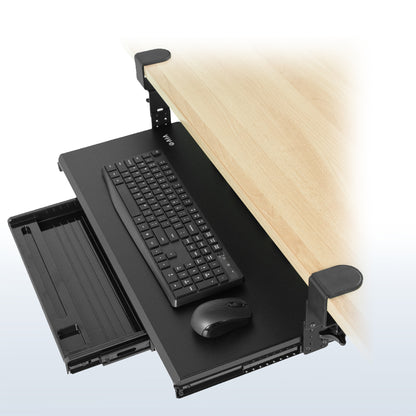 Clamp-on height adjustable convenient keyboard tray with pencil drawer for space efficient desk workstation.