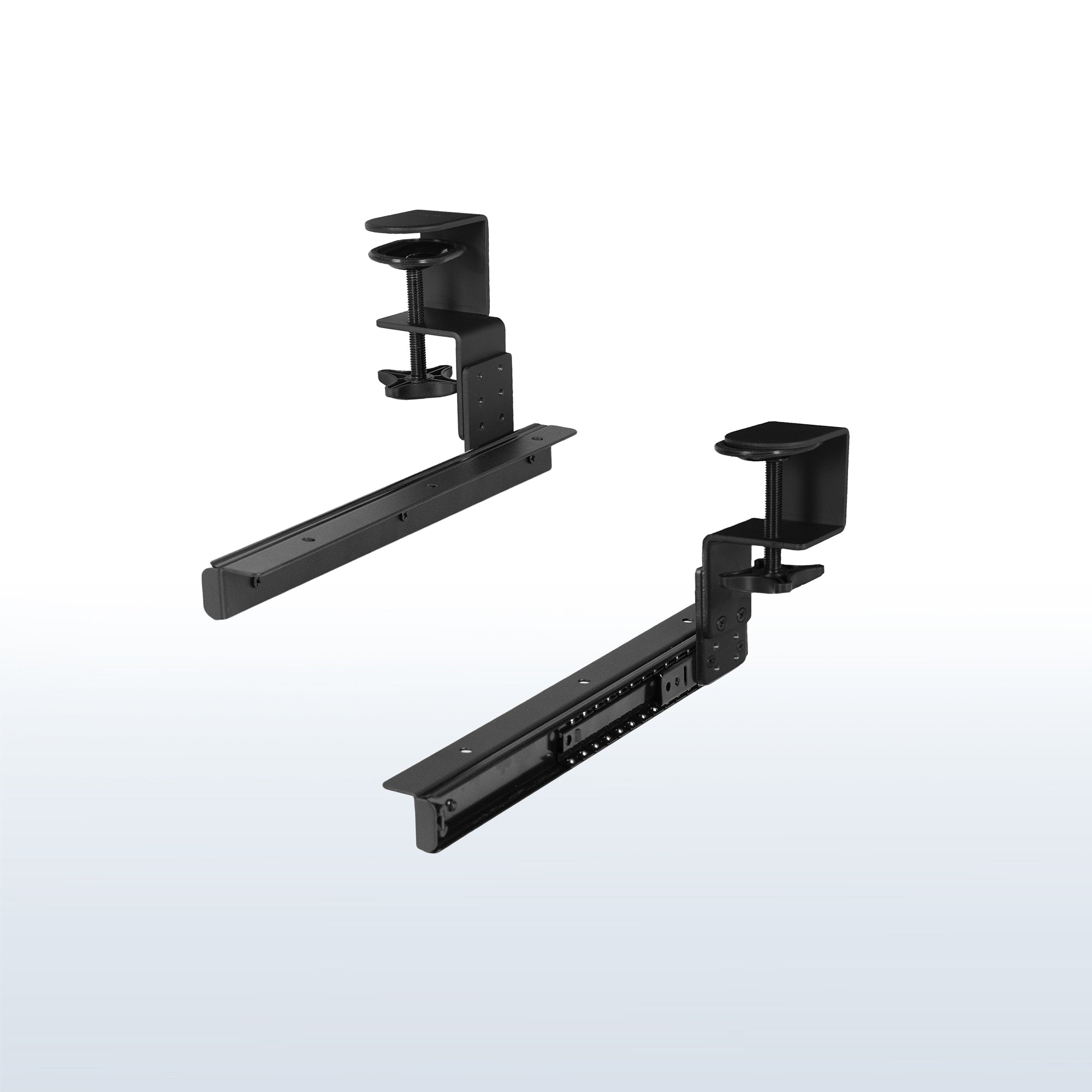 Sturdy height adjustable clamp and rail set for custom wood tray.