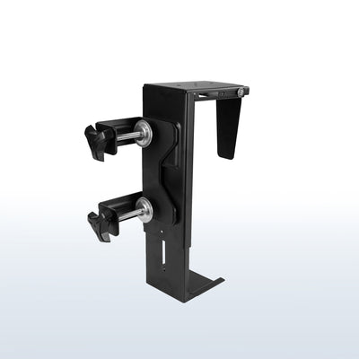 Clamp-on PC mount secures to desk legs for convenient placement.