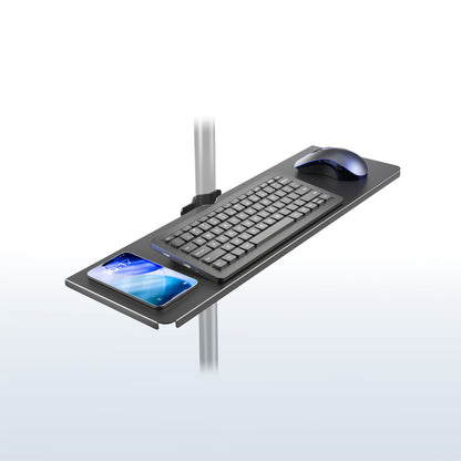Clamp-on Shelf Pole Mount with keyboard, mouse, and smartphone on a white background