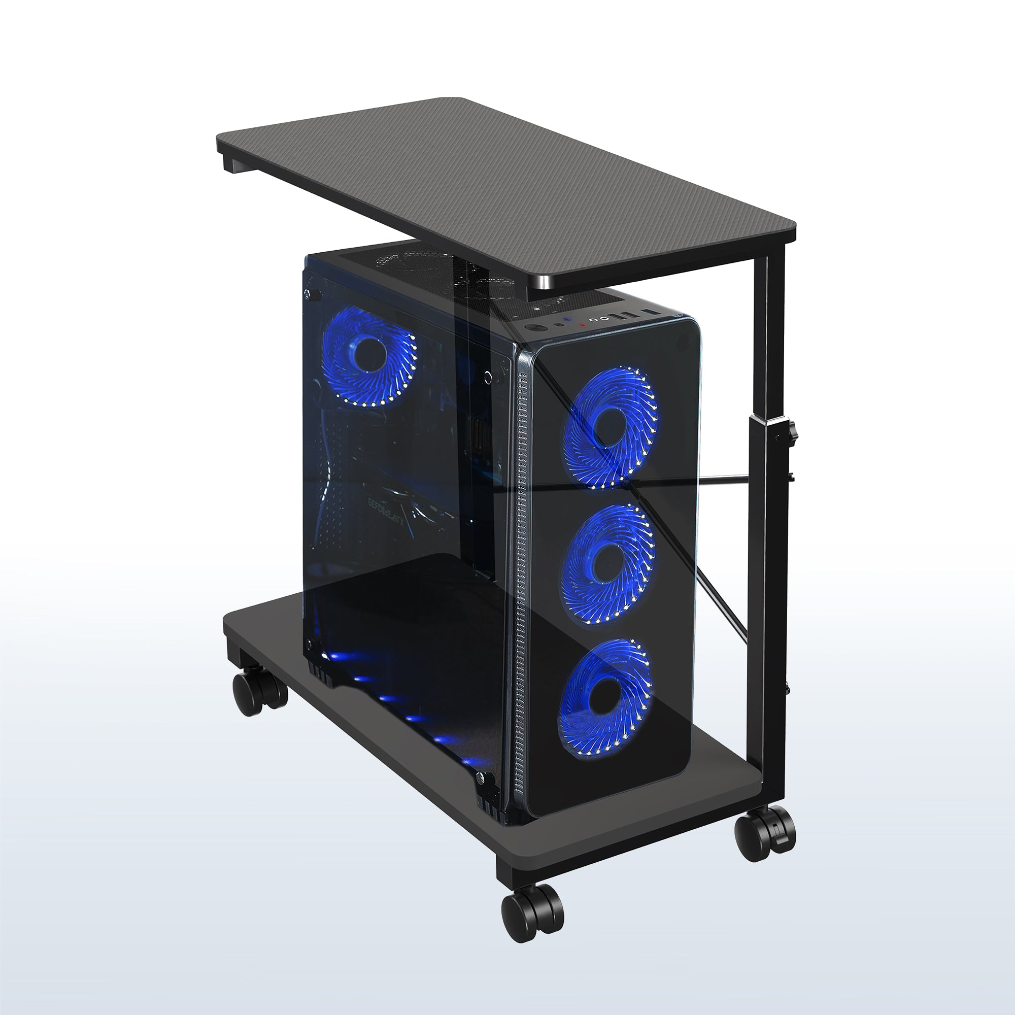 Mobile adjustable PC cart with storage.