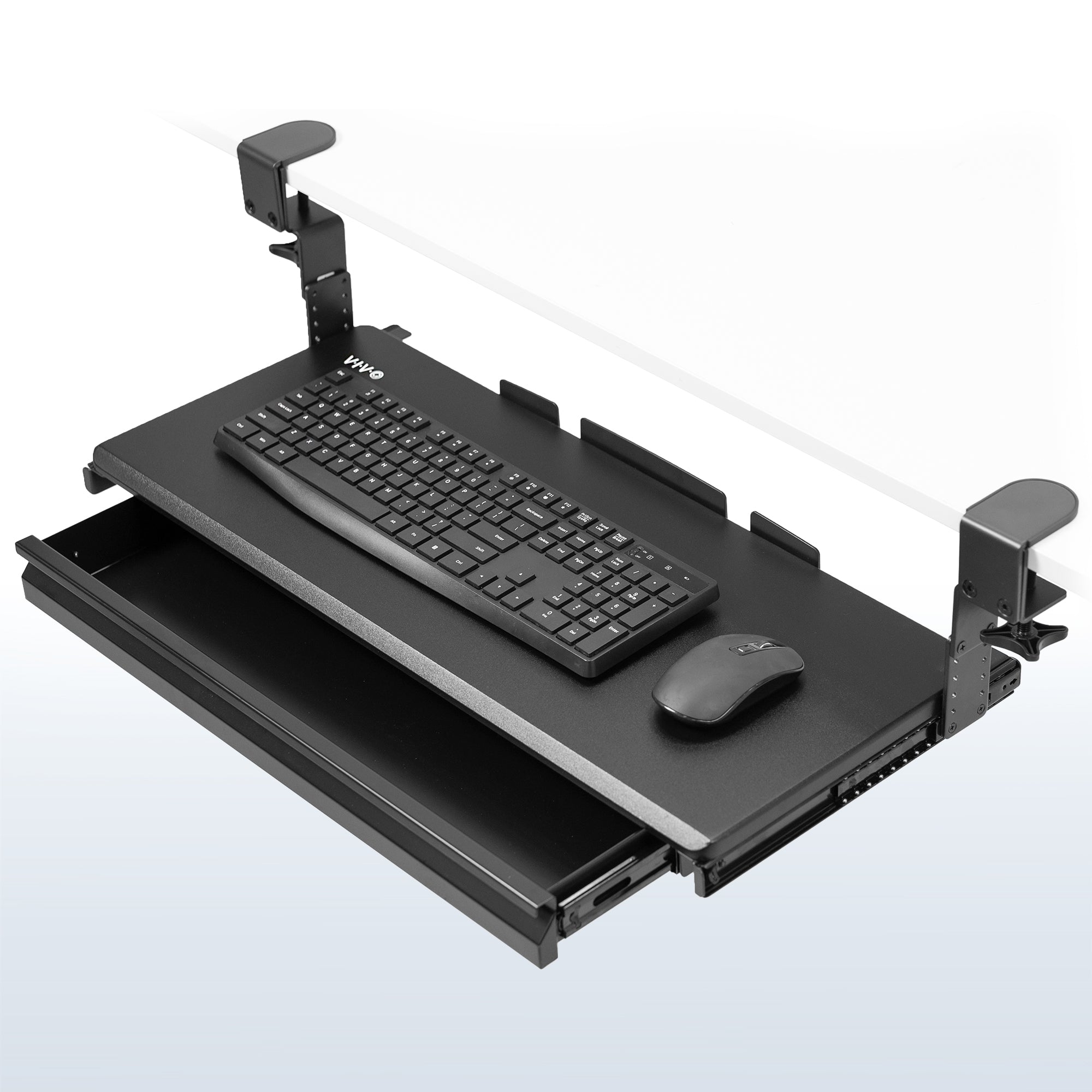 Under desk height adjustable pull-out sliding keyboard tray with storage drawer.