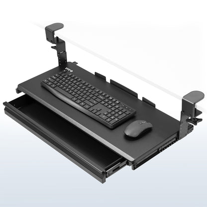 Under desk height adjustable pull-out sliding keyboard tray with storage drawer.