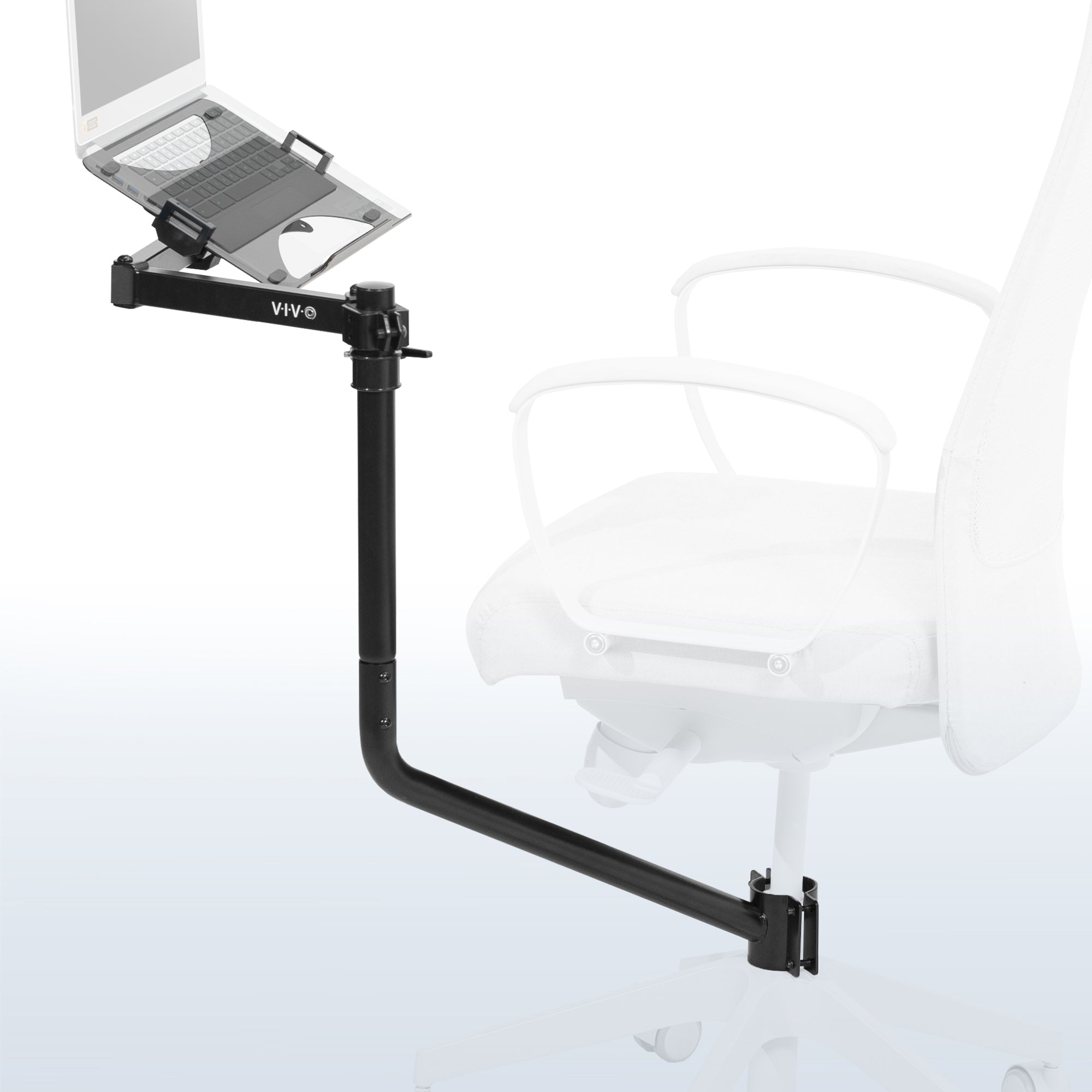 Office chair mounted laptop tray with adjustable extension arm.