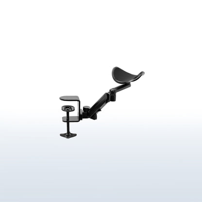 Ergonomic adjustable rotating clamp-on armrest for extra arm support while working.