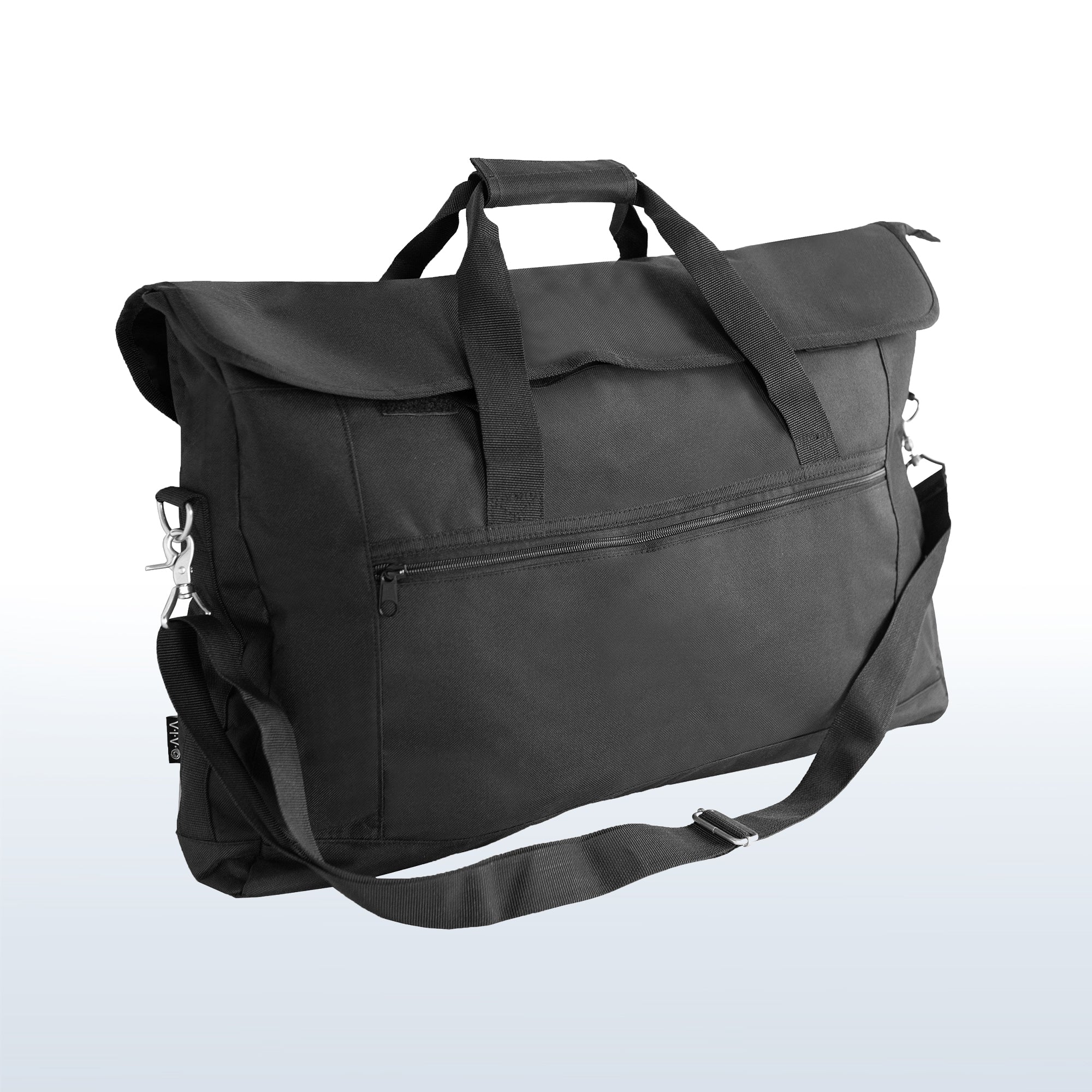 A black monitor travel case with a shoulder strap and multiple compartments.