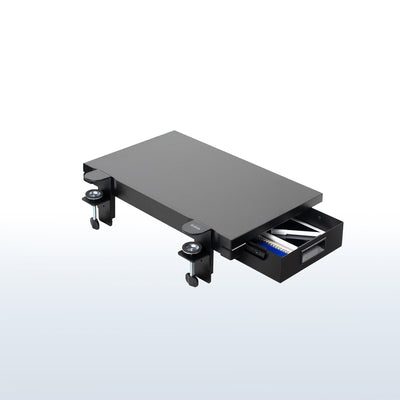 Sturdy sleek clamp-on desk extender with pull-out storage drawer. Can be mounted anywhere on desk.