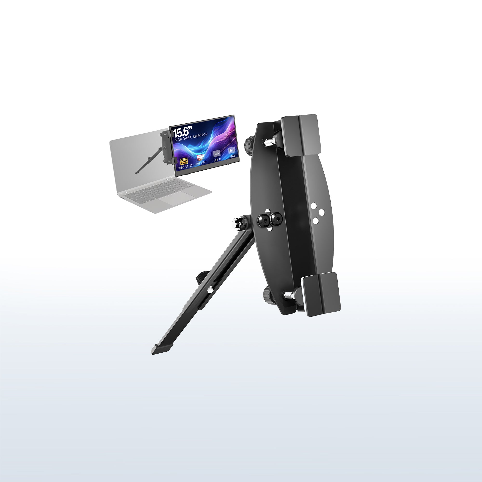 A black portable monitor laptop extension holder with a foldable design. 
