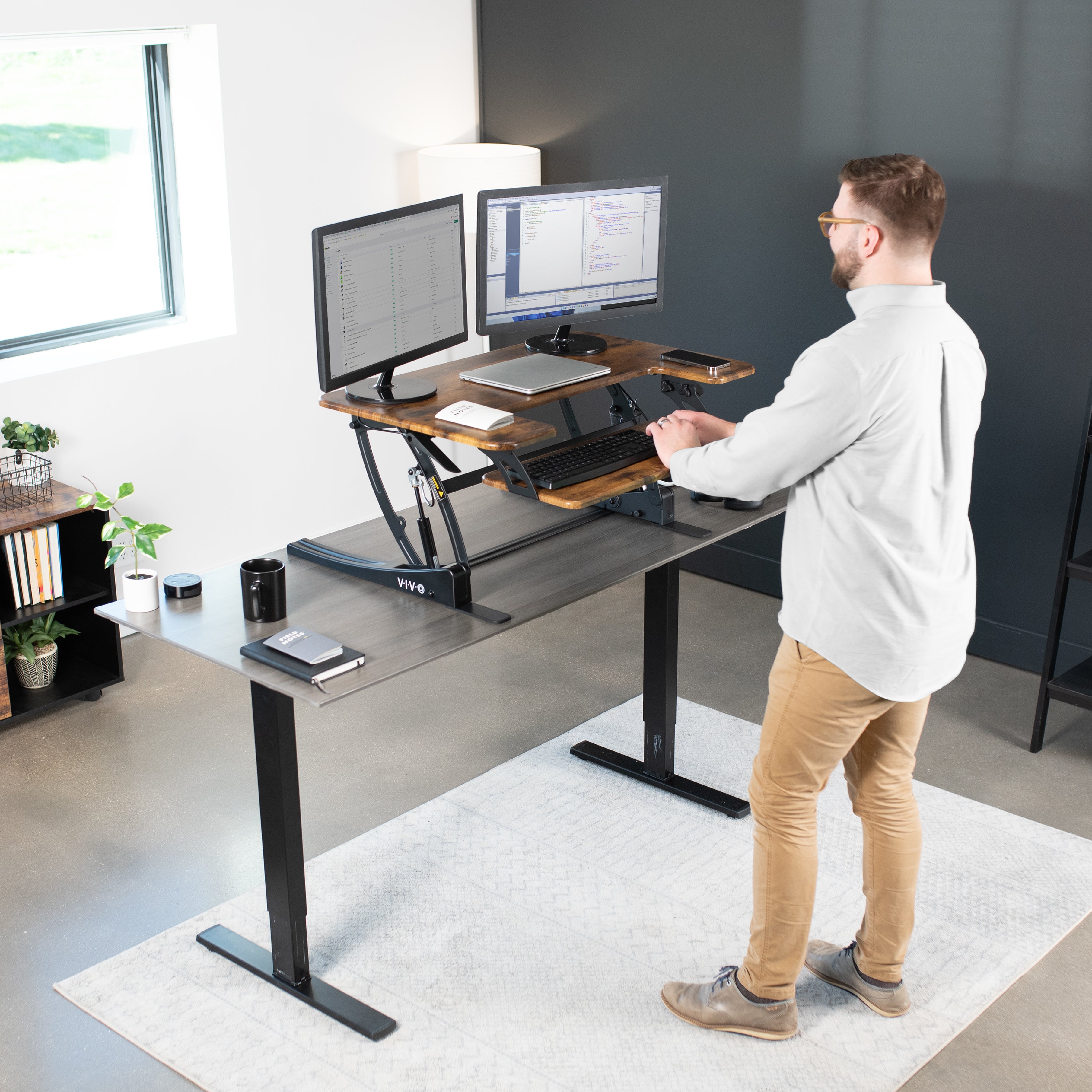 Vivo Dark Wood Height Adjustable Standing Desk Monitor Riser Tabletop Sit Stand