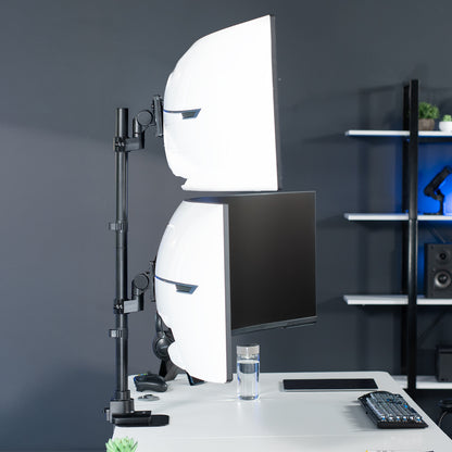 Dual ultrawide monitors mounted on office desk.