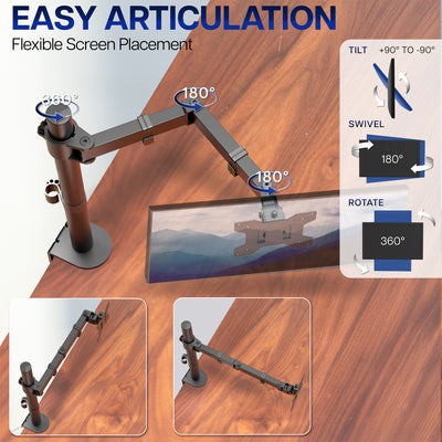 Flexible screen placement arm with articulation features on a wooden desktop surface
