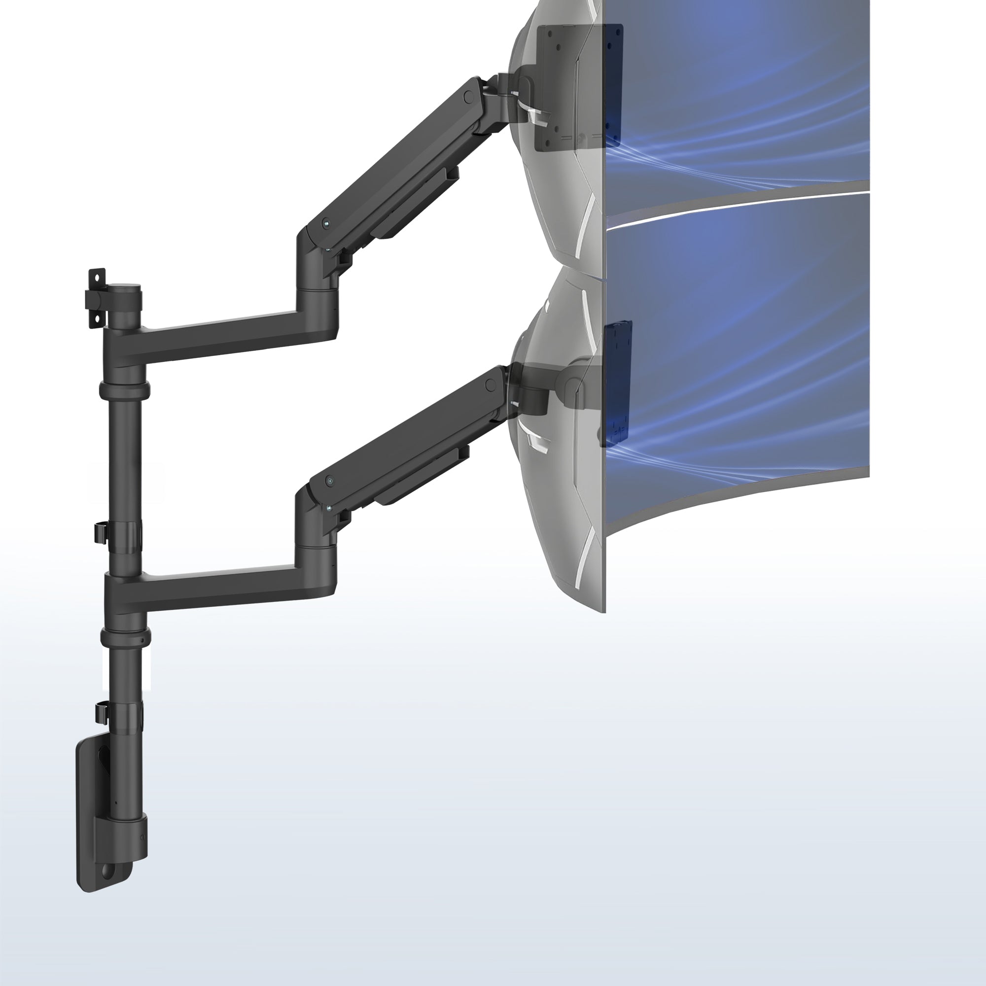 A black pneumatic arm dual ultrawide monitor wall mount holding two monitors side by side against a white background.