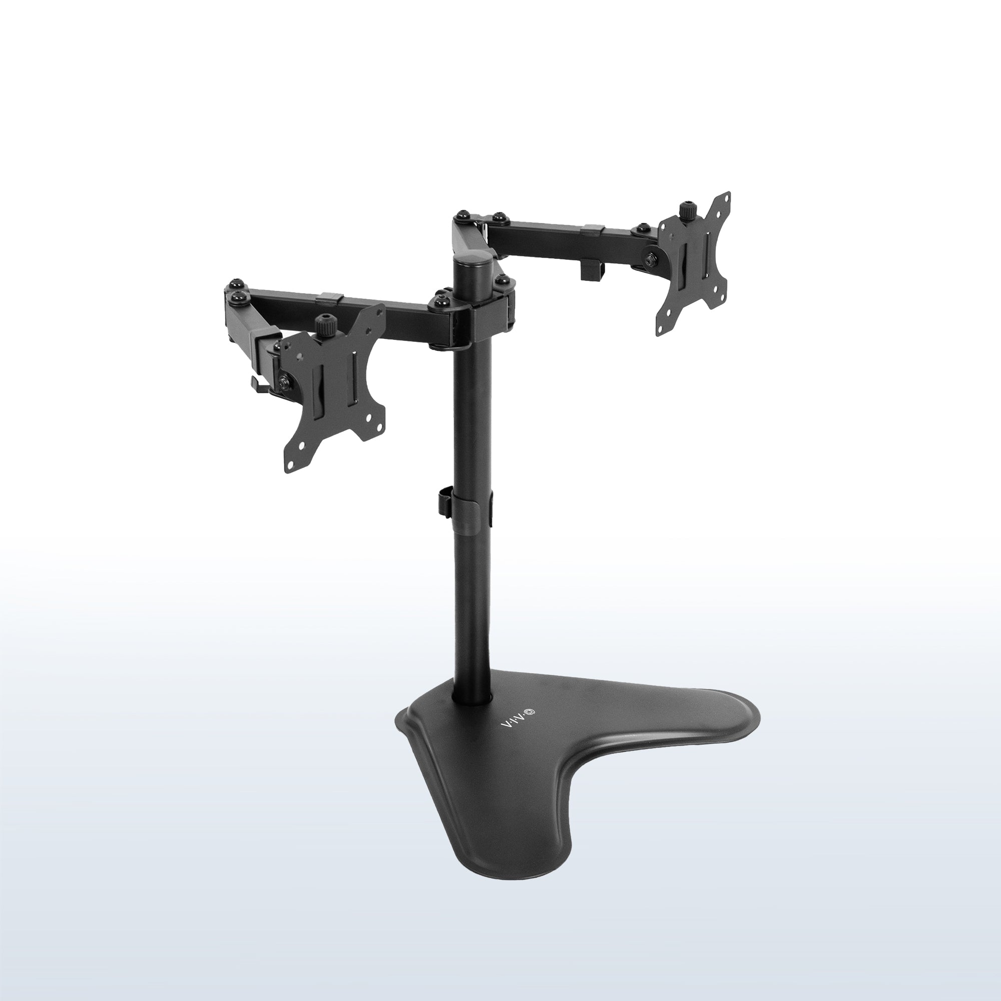 Black dual monitor stand on a white background