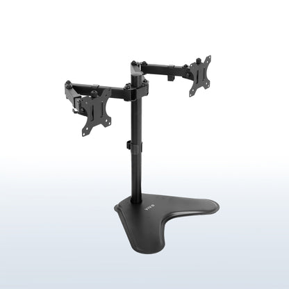 Black dual monitor stand on a white background