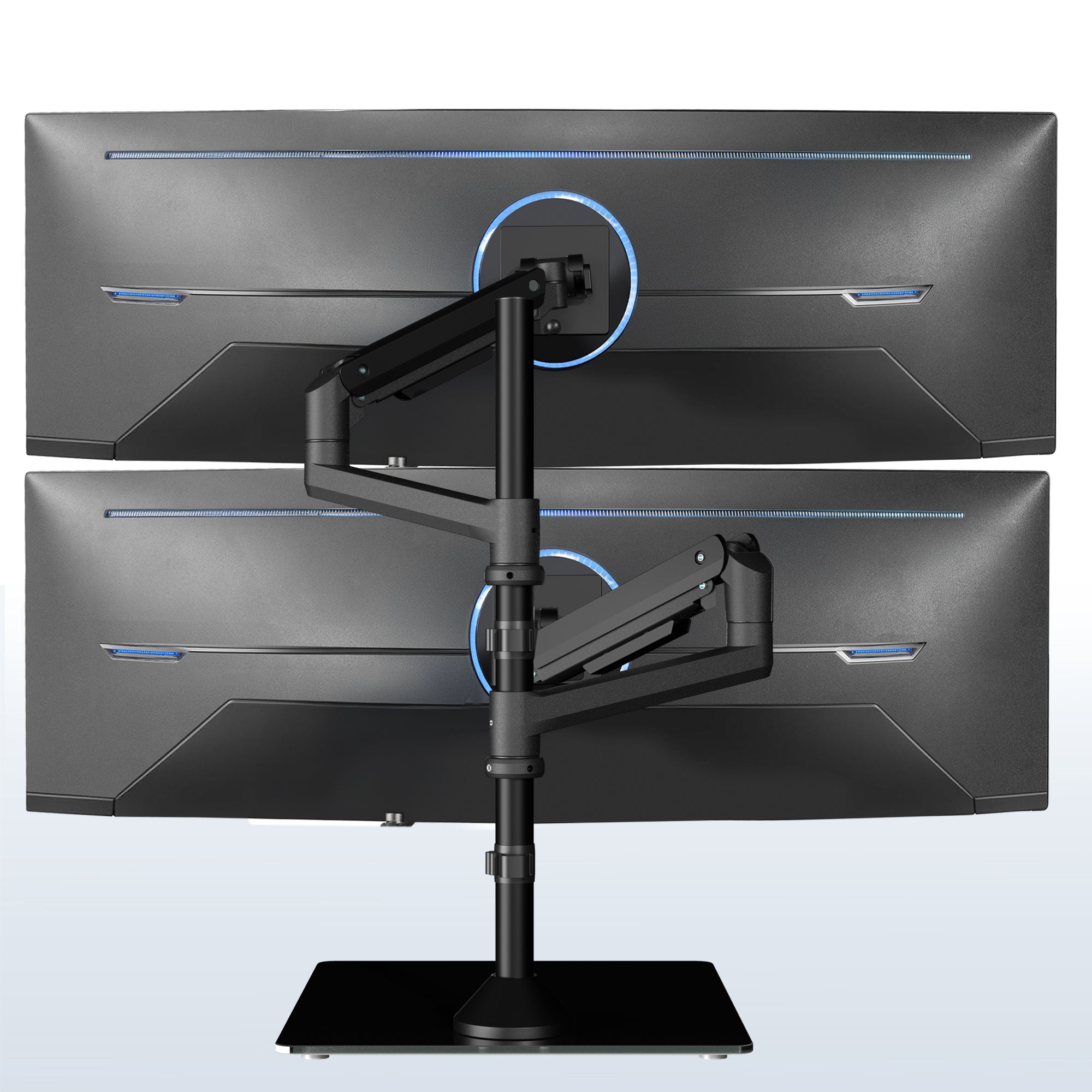 Heavy duty height adjustable dual ultrawide monitor stand with articulation and integrated cable management.