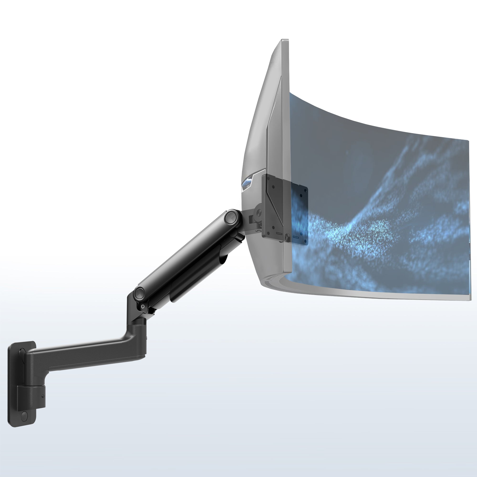 A single ultrawide computer monitor attached to a pneumatic arm wall mount, with the arm extended to the side.