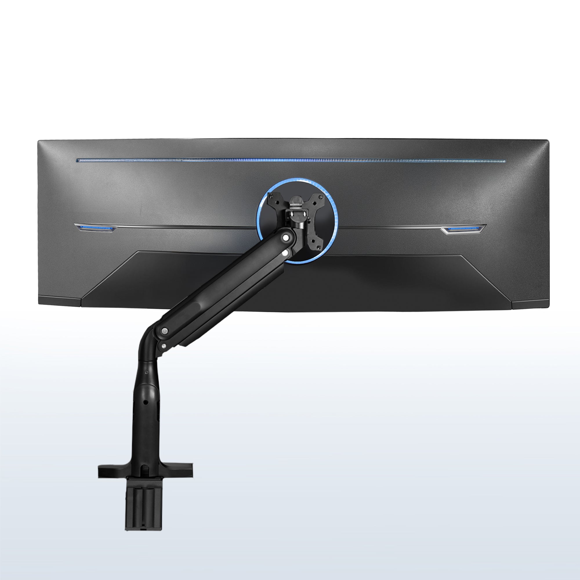 Sturdy adjustable pneumatic arm single ultrawide monitor ergonomic desk mount with USB ports for office workstation.