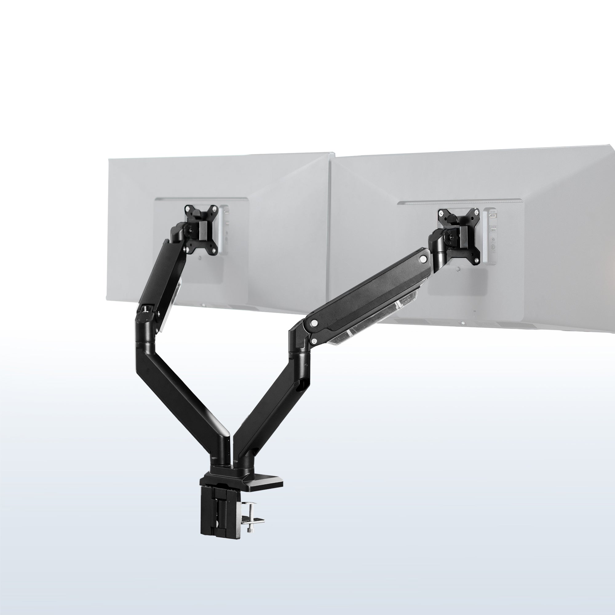 Adjustable pneumatic dual monitor desk mount with USB ports for ultrawide monitors.
