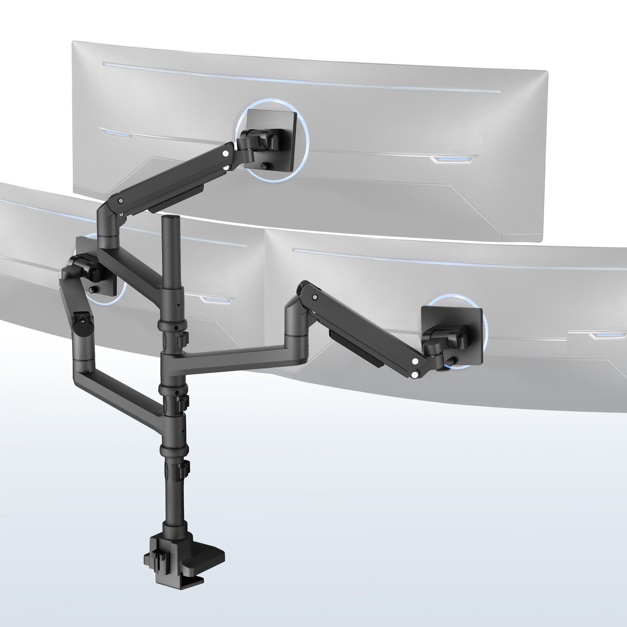 Triple monitor ultrawide desk mount with extending arms. Featuring height adjustment, tilt, swivel, rotation, and integrated cable management.