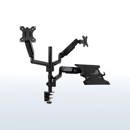 Pneumatic arm dual monitor and laptop desk mount that elevates your screens to a comfortable viewing height.