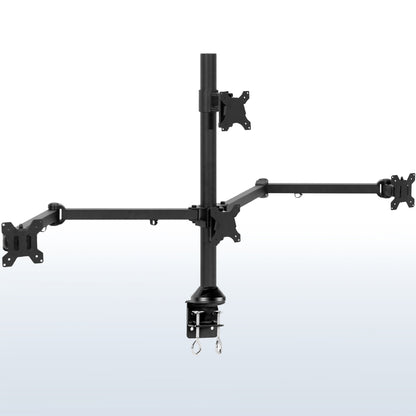 Quad monitor desk mount gives user multiple screens on one stand to multitask and have more viewing flexibility.