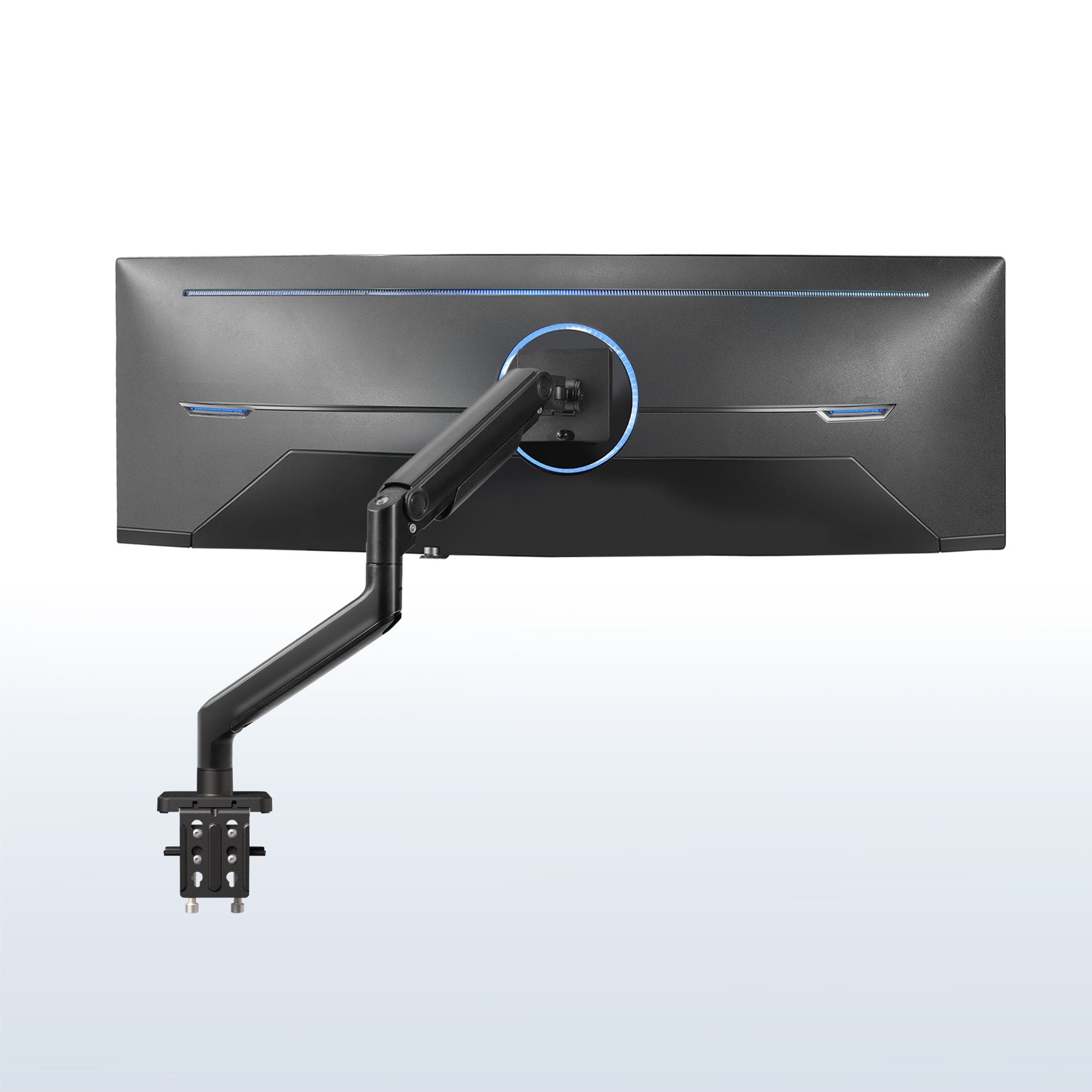 A single ultrawide computer monitor attached to a pneumatic arm desk mount, with the monitor angled towards the camera, against a white background.