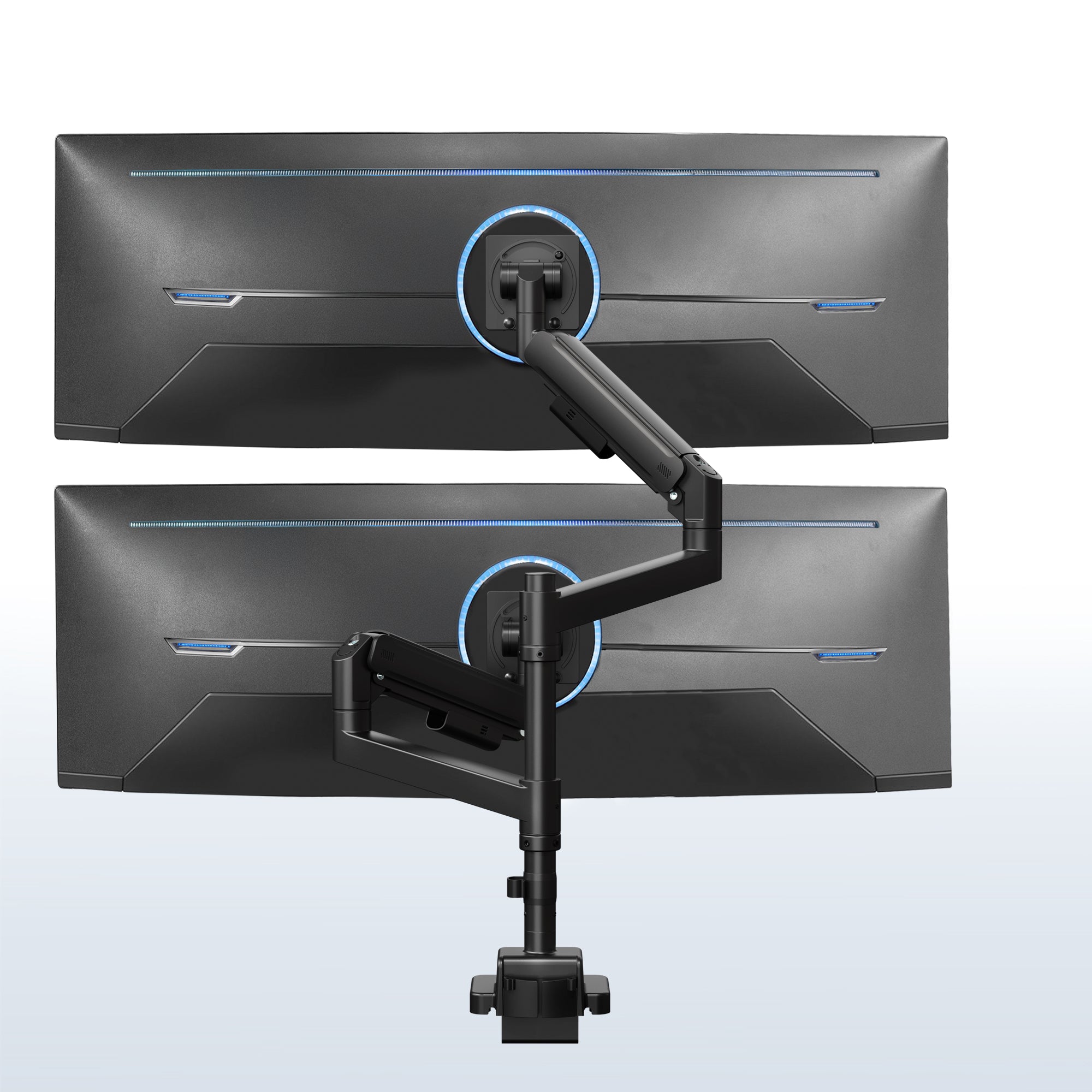 A dual monitor desk mount with pneumatic arms. 