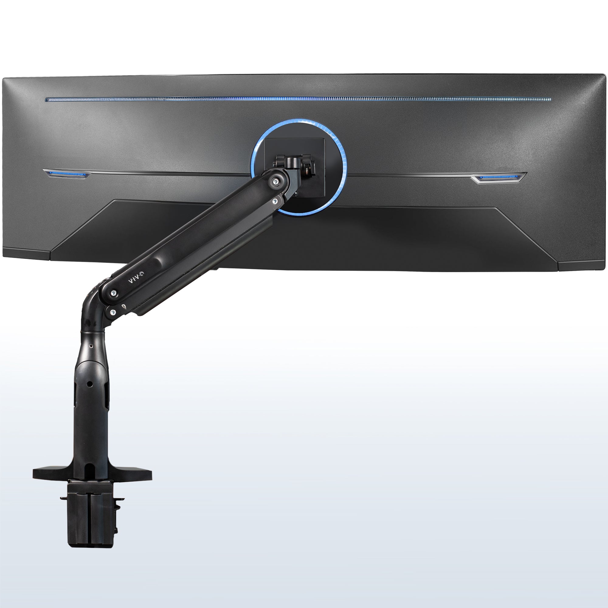 Ergonomic pneumatic arm with mounted ultrawide monitor.