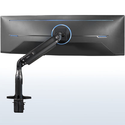 Ergonomic pneumatic arm with mounted ultrawide monitor.