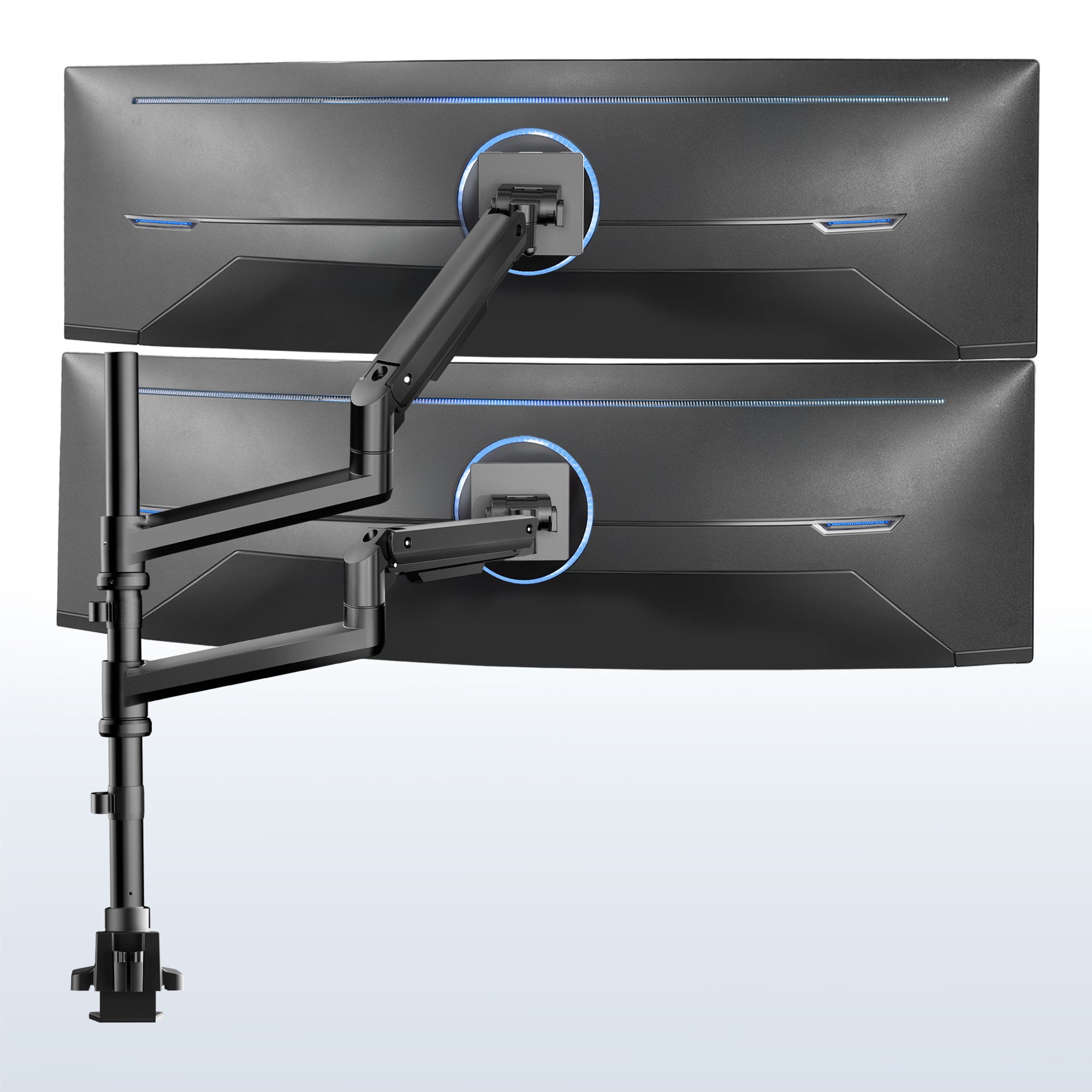 Dual monitor ultrawide desk mount with extending arms. Featuring height adjustment, tilt, swivel, rotation, and integrated cable management.