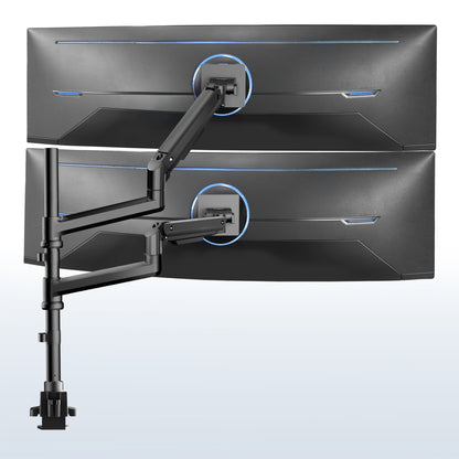 Dual monitor ultrawide desk mount with extending arms. Featuring height adjustment, tilt, swivel, rotation, and integrated cable management.