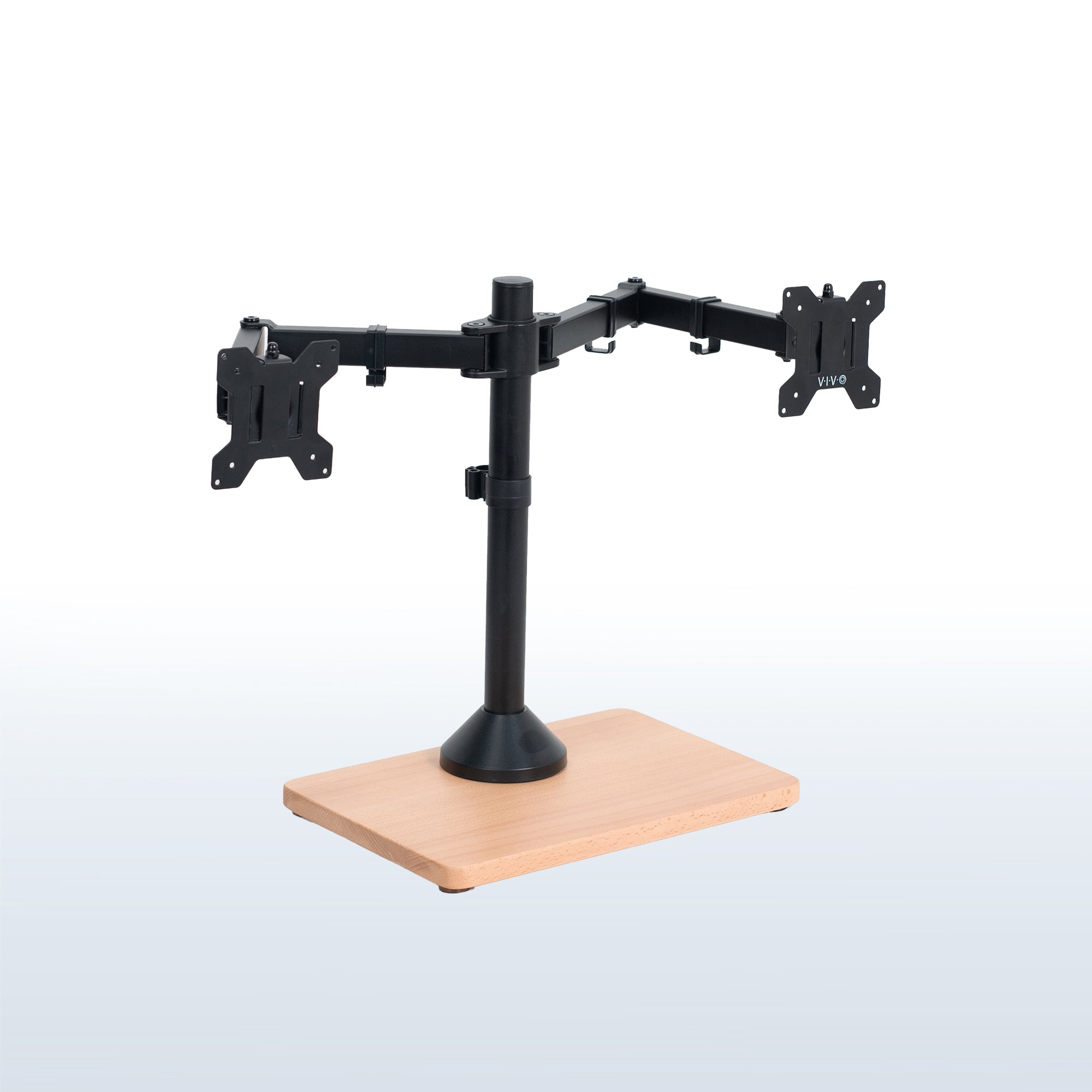Dual monitor mount desk stand with wooden base. Featuring height adjustment, tilt, swivel, rotation, and built-in cable management.