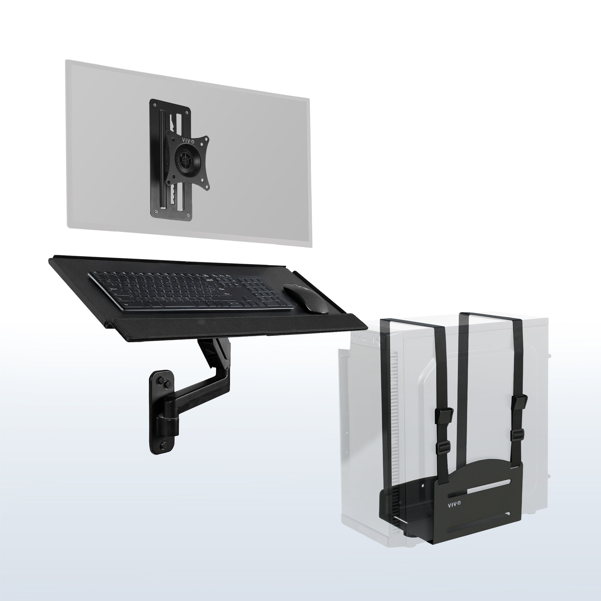 Single monitor height adjustable wall mount, articulating wall mounted keyboard tray, and PC wall mount with adjustable straps.