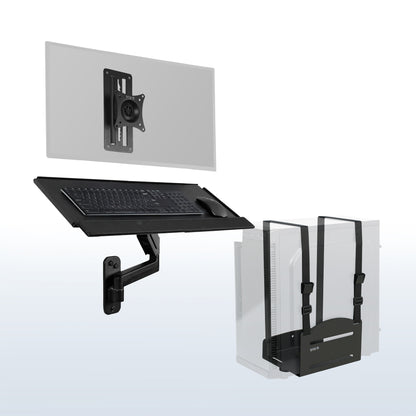 Single monitor height adjustable wall mount, articulating wall mounted keyboard tray, and PC wall mount with adjustable straps.