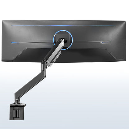 Sturdy adjustable pneumatic arm single ultrawide monitor ergonomic desk mount for office workstation.