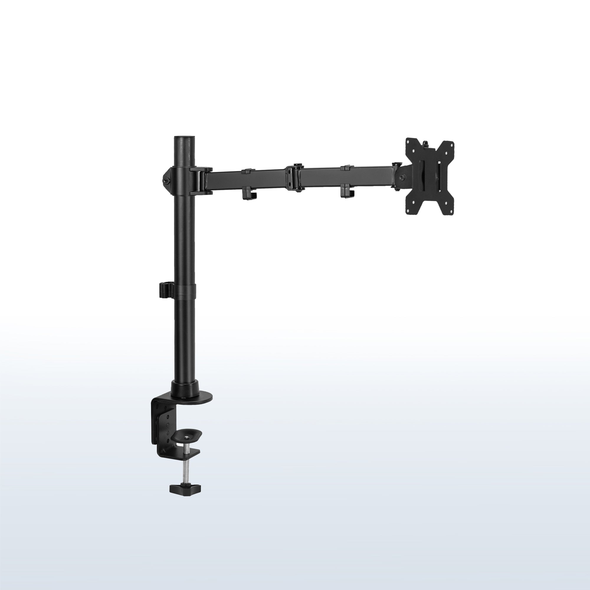 Single Ultrawide Monitor Desk Mount elevates ultra wide monitors to a comfortable viewing angle. The advanced tilt joint is designed to hold heavy screens securely.