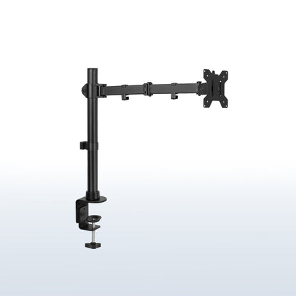 Single Ultrawide Monitor Desk Mount elevates ultra wide monitors to a comfortable viewing angle. The advanced tilt joint is designed to hold heavy screens securely.