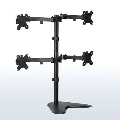 Quad Monitor Desk Stand holds 4 screens for work efficiency at your office desk. Features a freestanding base.