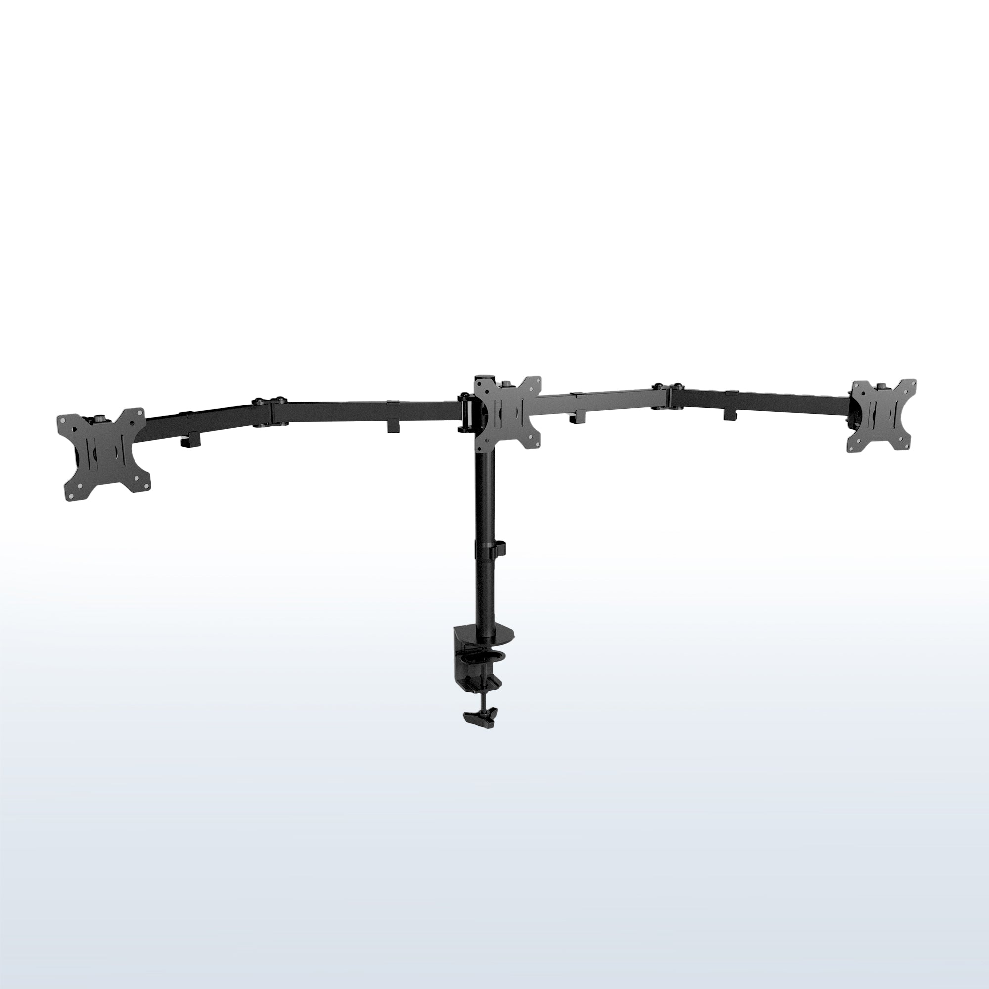 Sturdy height adjustable triple monitor desk mount.