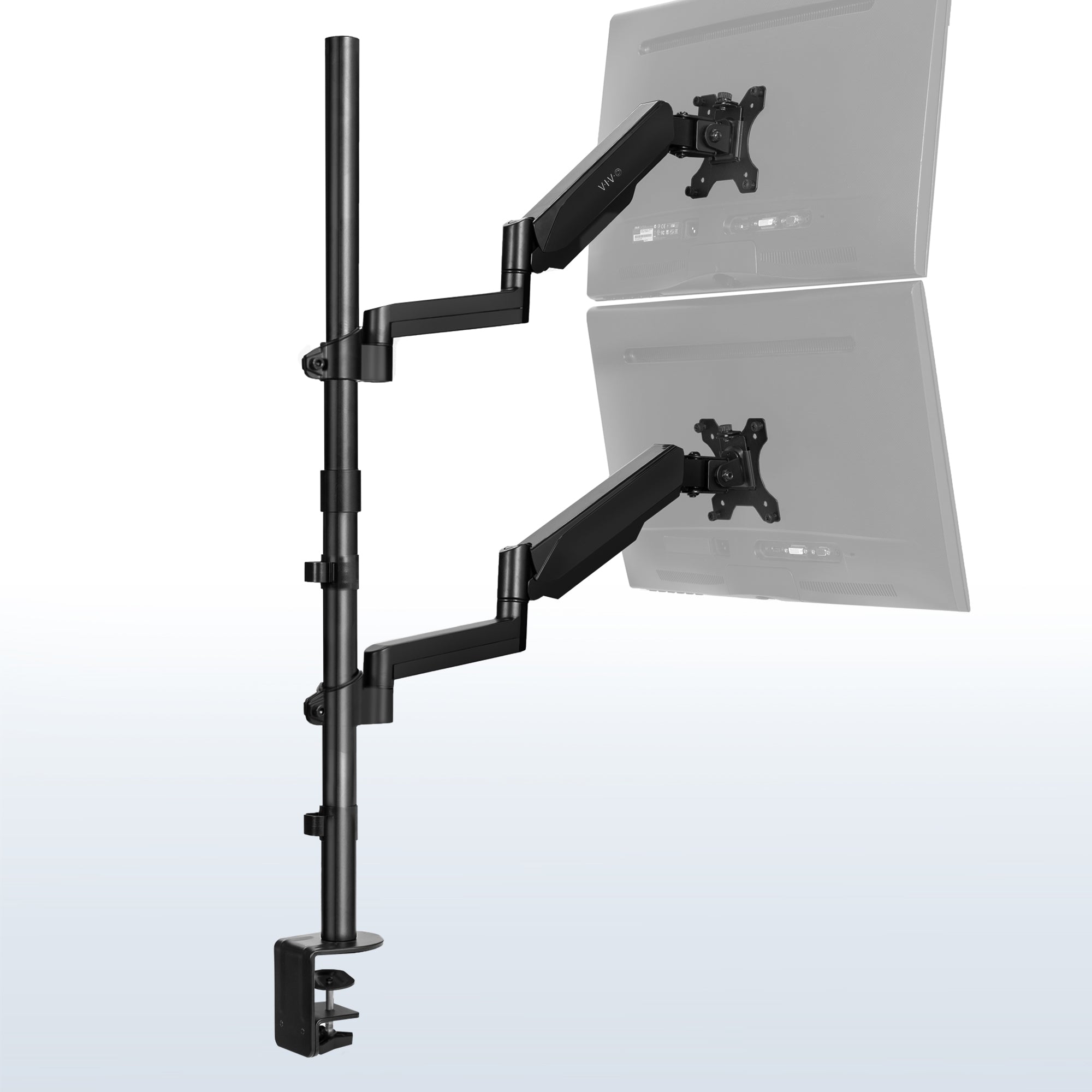 Sturdy pneumatic arm dual monitor extra tall desk mount.