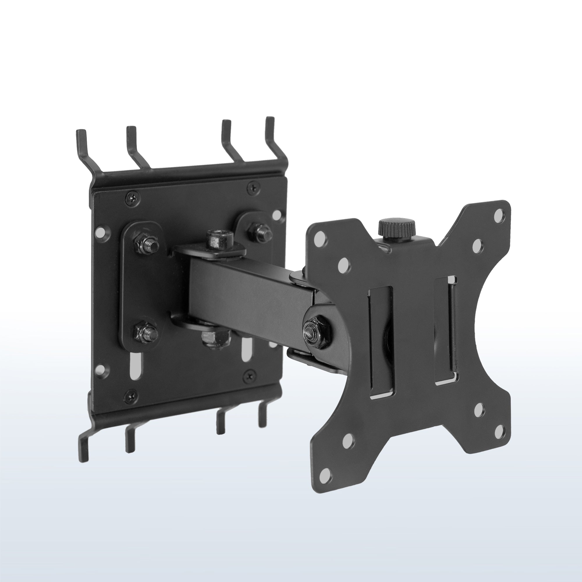 Pegboard monitor mount with articulating arm.