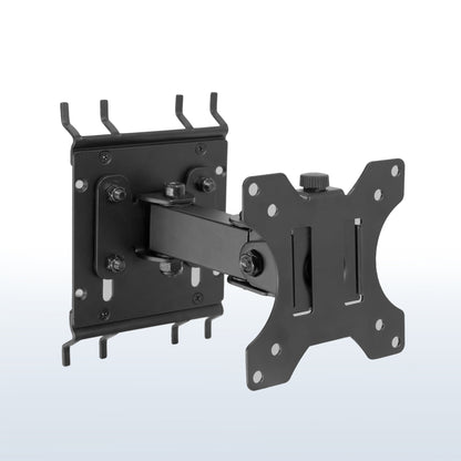Pegboard monitor mount with articulating arm.