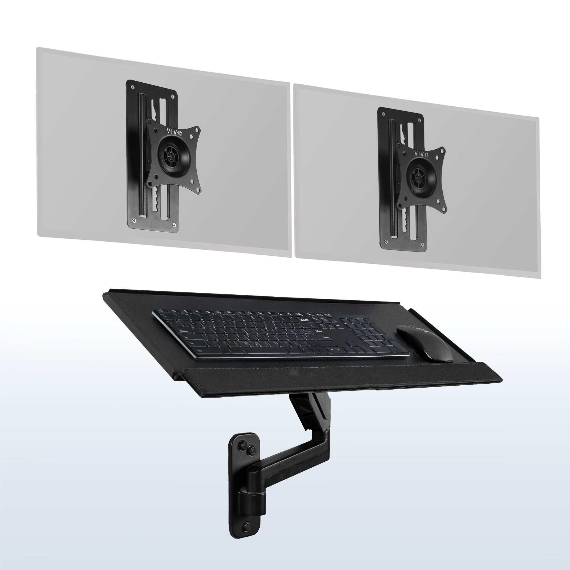 Dual monitor wall mount and height adjustable keyboard tray create a complete wall-mounted workstation.