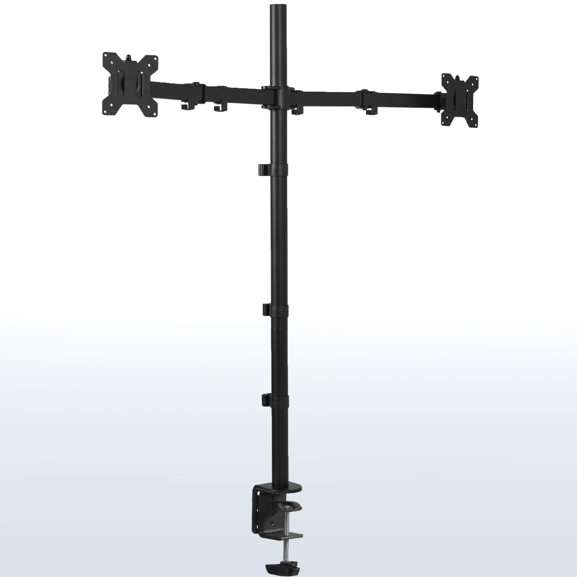 Extra tall adjustable dual monitor ergonomic desk mount for office workstation.