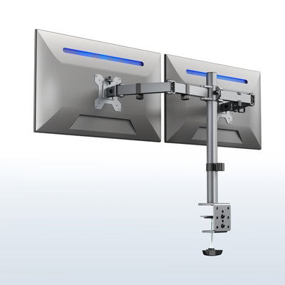 Sturdy adjustable dual monitor ergonomic desk mount for office workstation.