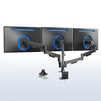 Triple monitor stand with three screens on a white background