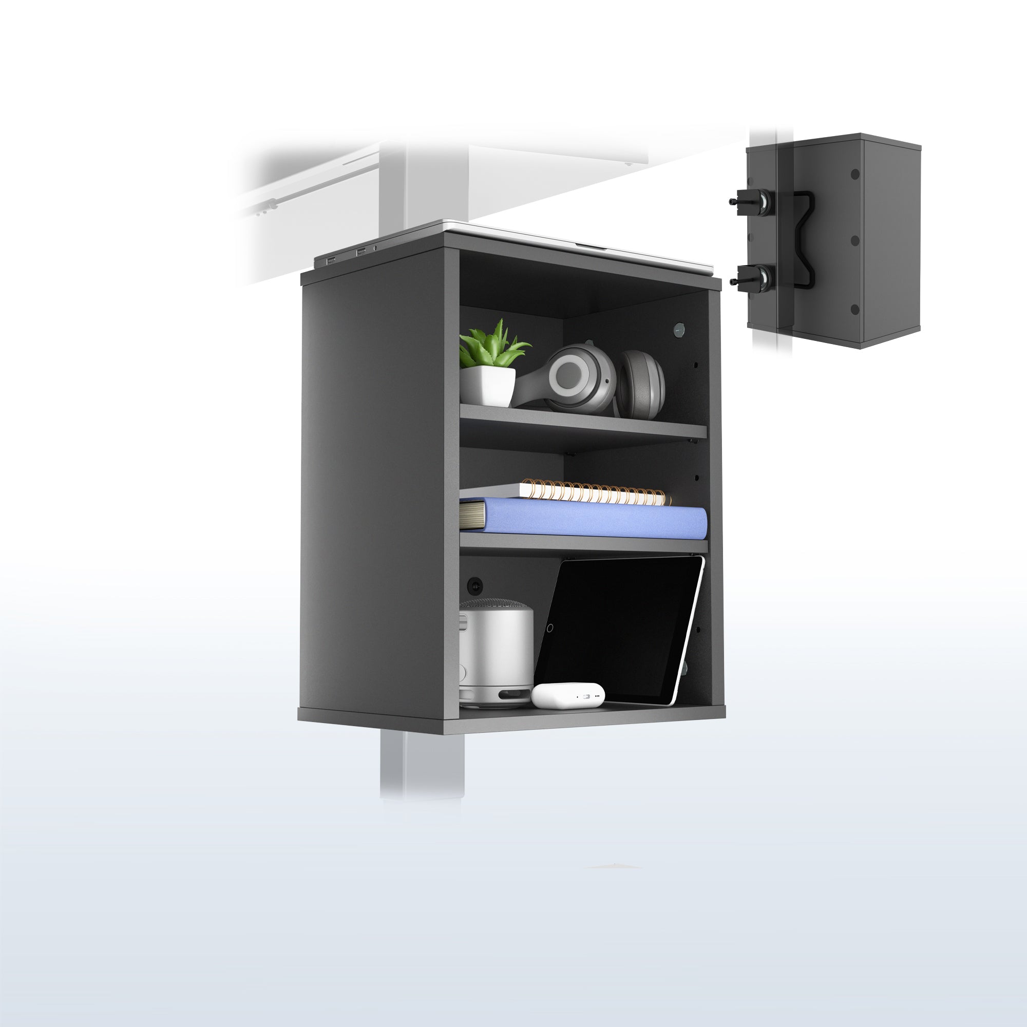 Clamp-on Under Desk Shelving Unit, Office Accessory Holder for Supplies, Gaming Devices, and More, Multi-Level Storage Shelves, Workstation Organizer