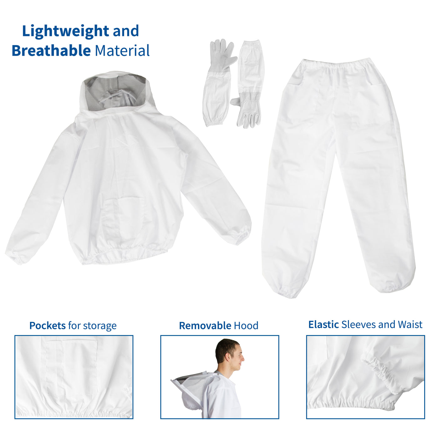 Large Bee Jacket, Pants, and Gloves Set with Storage Pockets, Removable Hood, Elastic Sleeves and Waist, and Lightweight Breathable Matieral