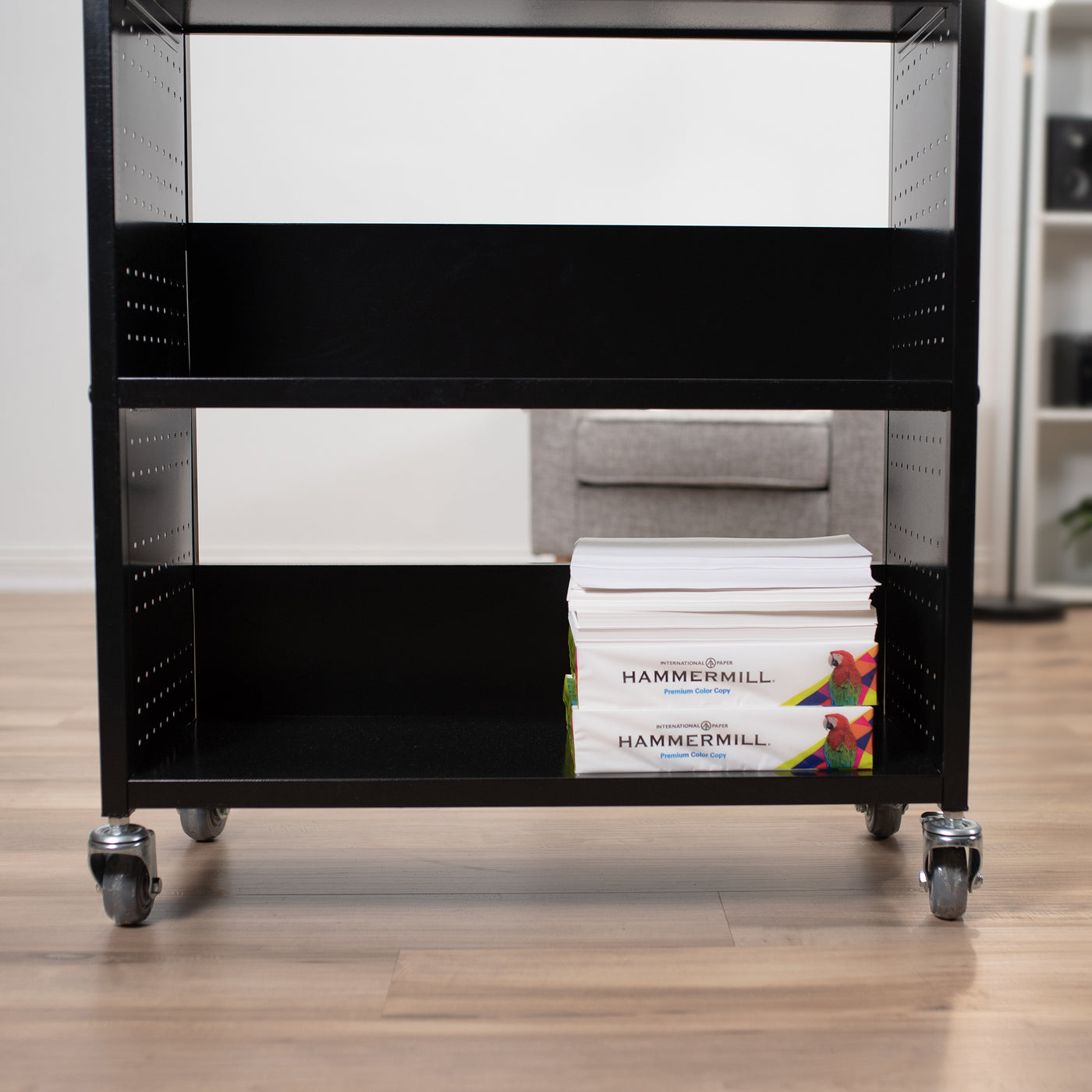 Heavy-duty 3 shelf book cart with wheels for library, school, bookstore.